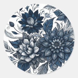 Blå & Vit Bohemisk Blommig Bröllop Runt Klistermärke