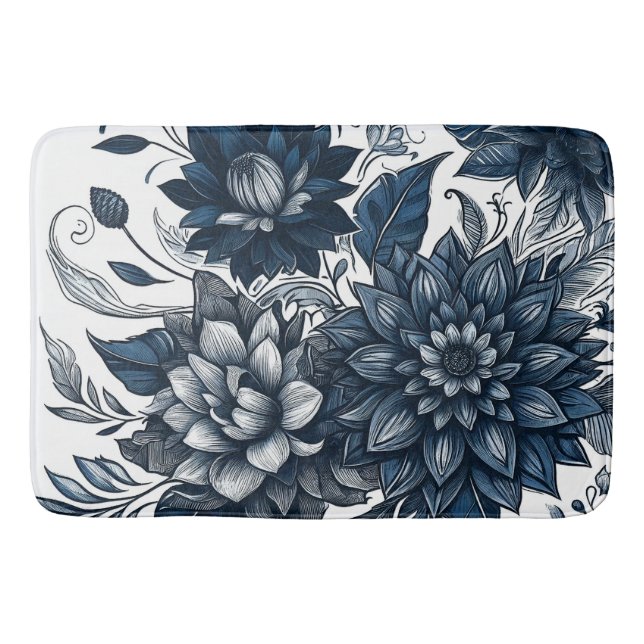 Blå & Vit Bohemisk Blommigtryck Badrumsmatta (Framsidan)