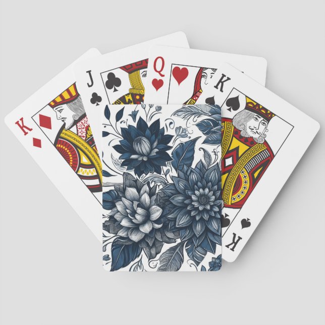 Blå & Vit Bohemisk Blommigtryck Casinokort (Baksidan)