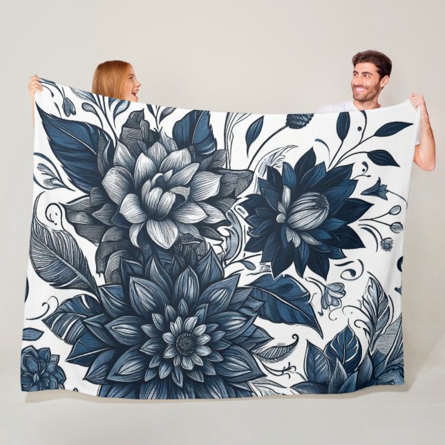 Blå & Vit Bohemisk Blommigtryck Fleecefilt (På plats)