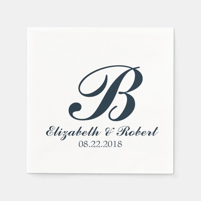 Blå vit Bröllop-monogram-blöjor Pappersservett (Framsidan)