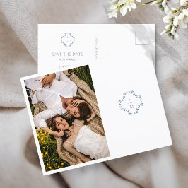 Blå & Vit Bröllopsblomma Monogram Bröllop Meddelande Vykort
