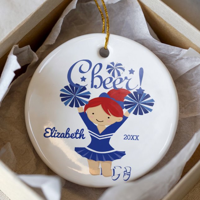 Blå & Vit Cheer Röda Hår Cheerleader Ornament (Skapare uppladdad)