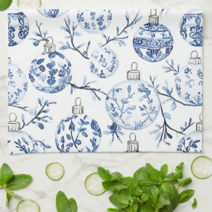 Blå vit Chic Blommigt jul Ornament Kökshandduk