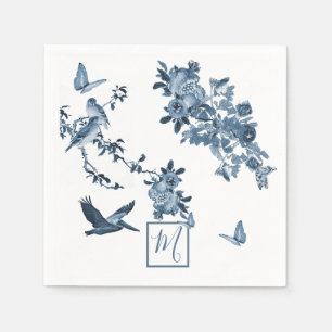 Blå Vit Chinoiserie Blommig Chic Monogram Pappersservett