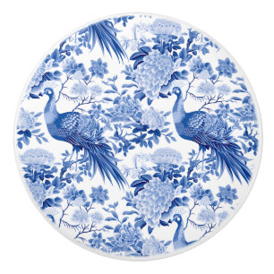 Blå Vit Chinoiserie Blommig Påfågel Fåglar Knopp