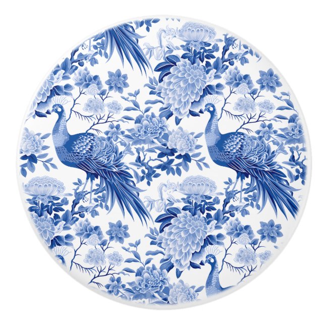 Blå Vit Chinoiserie Blommig Påfågel Fåglar Knopp (Framsidan)