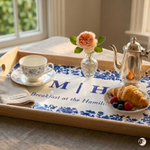 Blå & Vit Chinoiserie Blommig Personlig Monogram