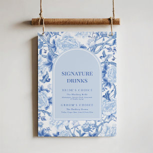 Blå vit Chinoiserie Bröllop Namnteckning Drinks Poster