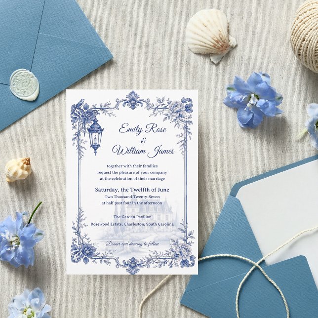 Blå Vit Chinoiserie Trädgård Blommig Bröllop Inbjudningar (Blue White Chinoiserie Garden Floral Wedding Invitation)