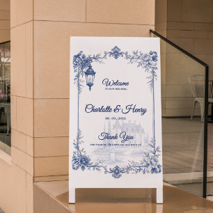 Blå Vit Chinoiserie Trädgård Bröllop Välkommen Poster