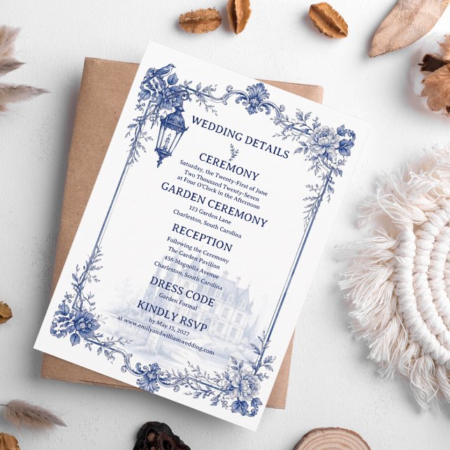 Blå Vit Chinoiserie Trädgård Bröllopsdetaljer  Tilläggskort (Blue White Chinoiserie Garden Wedding Details Enclosure Card)