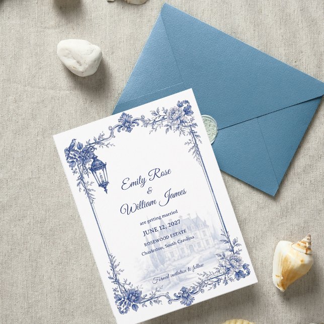 Blå Vit Chinoiserie Trädgårds Blommig Bröllop Spara Datumet (Blue White Chinoiserie Garden Floral Wedding Save The Date)