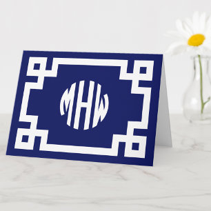 Blå vit cirkel, marin vit cirkel, Monogram Grekisk Kort