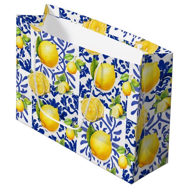 Blå Vit Citron Kakel Mönster Medelhavet Citrus (Framsidan Vinklad)