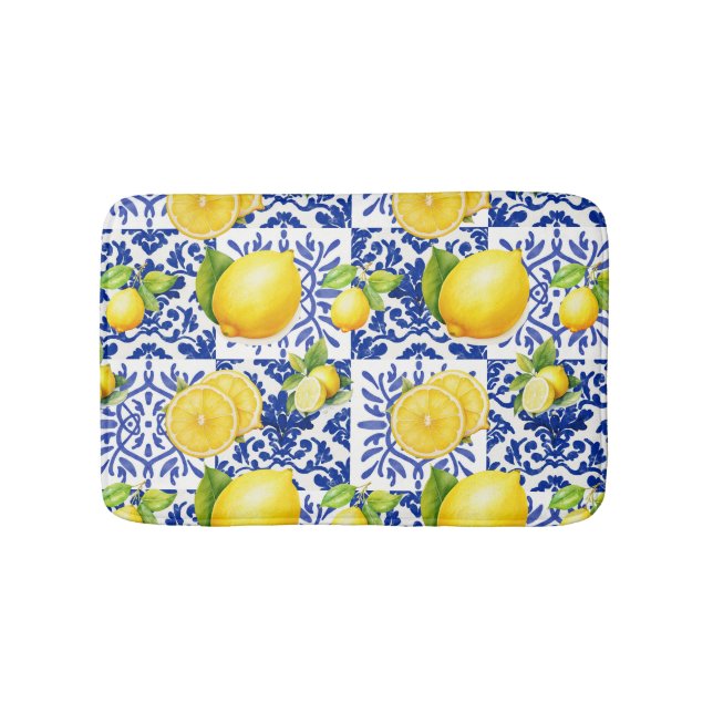 Blå Vit Citron Kakel Mönster Medelhavet Citrus Badrumsmatta (Framsidan)