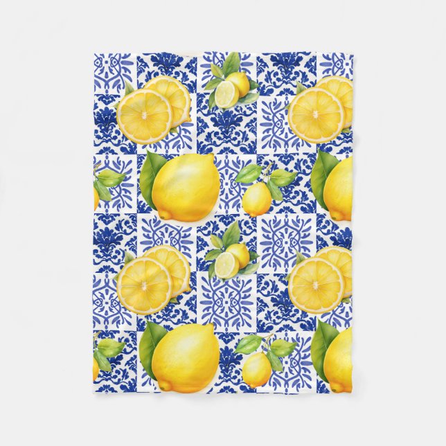 Blå Vit Citron Kakel Mönster Medelhavet Citrus Fleecefilt (Framsidan)