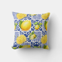 Blå Vit Citron Kakel Mönster Medelhavet Citrus