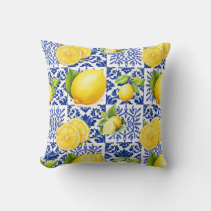 Blå Vit Citron Kakel Mönster Medelhavet Citrus Kudde
