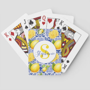 Blå Vit Citron Kakel Mönster Monogram Namn Citrus Casinokort