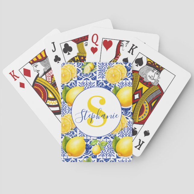 Blå Vit Citron Kakel Mönster Monogram Namn Citrus Casinokort (Baksidan)