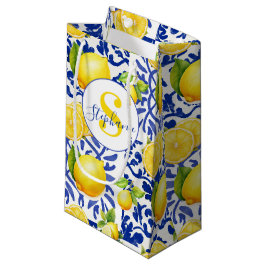 Blå Vit Citron Kakel Mönster Namn Monogram Citrus