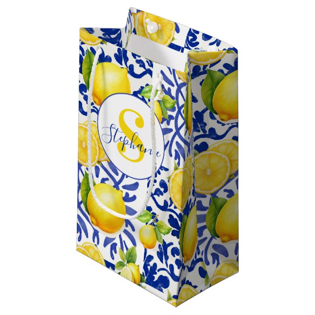 Blå Vit Citron Kakel Mönster Namn Monogram Citrus (Framsidan Vinklad)