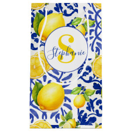 Blå Vit Citron Kakel Mönster Namn Monogram Citrus