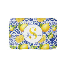 Blå Vit Citron Kakel Mönster Namn Monogram Citrus