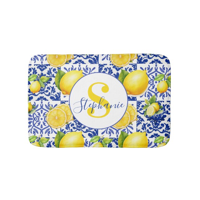 Blå Vit Citron Kakel Mönster Namn Monogram Citrus Badrumsmatta (Framsidan)