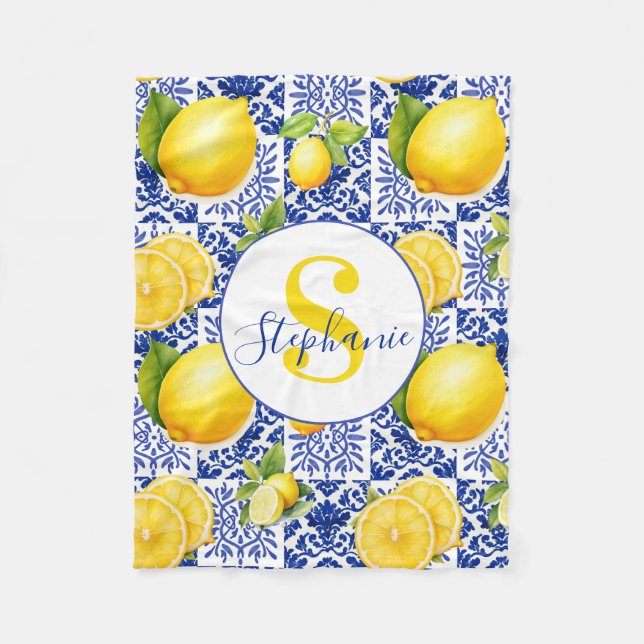 Blå Vit Citron Kakel Mönster Namn Monogram Citrus Fleecefilt (Framsidan)