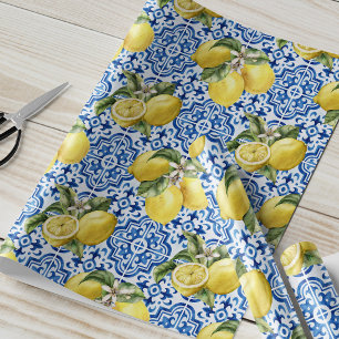 Blå vit citrongul kakel Medelhavsmönster Presentpapper