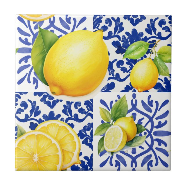 Blå vit citronmönster Medelhavet citrus Kakelplatta (Framsidan)