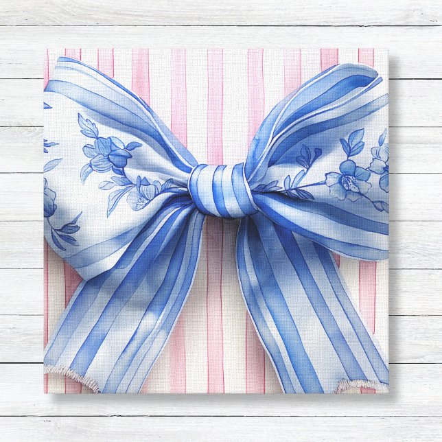 Blå & Vit Coquette-slöja på Rosa Ränder Canvastryck (Blue and White Coquette Bow with Pink Watercolor Vertical Stripes - Girls Wall Canvas Decor)