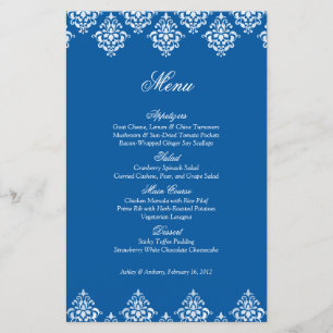 Blå vit Damask Arabesque Bröllop Menu Card