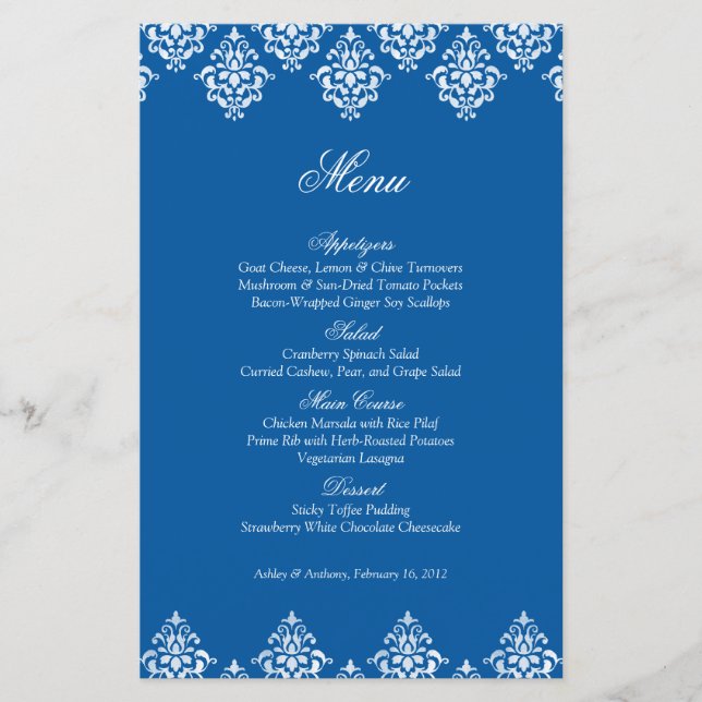 Blå vit Damask Arabesque Bröllop Menu Card (Framsida)