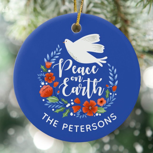 Blå vit duvfred på jorden Jul Julgransprydnad Keramik (An elegant peace on earth Christmas ornament)