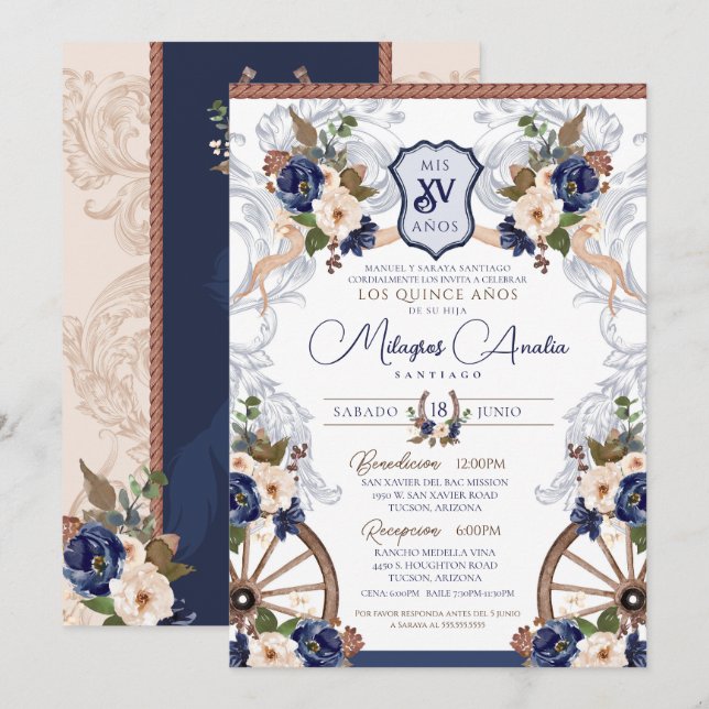 Blå vit Elegant Baroque Charro Quinceanera Inbjudningar (Fram/baksida)