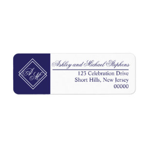 Blå vit enkel geometrisk monogram Bröllop Returadress Etikett