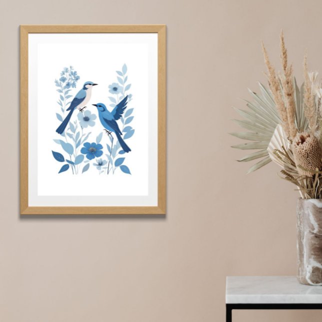 Blå vit fågel och Blommigt Blommor Vattenfärg Poster (Blue Birds and Flowers Watercolor Blue White Floral Botanical Nature Wall Art Poster Print)