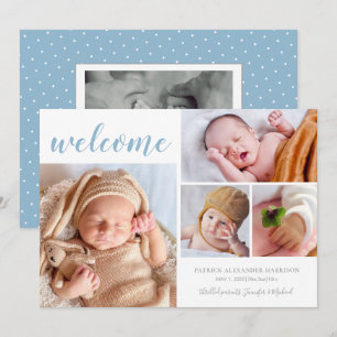 Blå Vit Fotokollage Baby Pojke Välkommen Födelse Meddelande