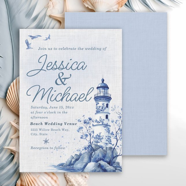 Blå Vit Fyrtorn Kust Strand Bröllop  Inbjudningar (Blue and white lighthouse/nautiical/beach wedding invitation)