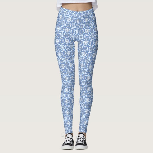 Blå vit geometrisk modern batik Mönster Leggings (Framsida)