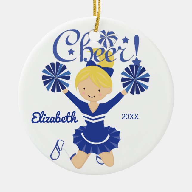 Blå & Vit Glädje Blond Cheerleader Ornament (Framsidan)