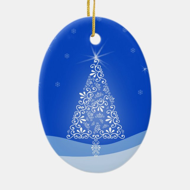 Blå vit God jul Träd Stars nattljus Julgransprydnad Keramik (Baksidan)