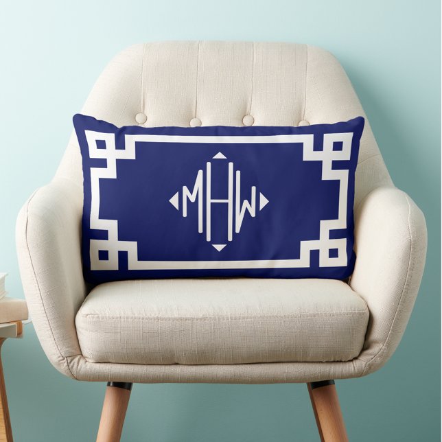 Blå Vit Grekisk Nyckel #2 Diamantmonogram Gör-det- Lumbarkudde (Skapare uppladdad)