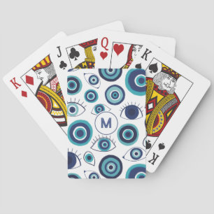 Blå Vit Grekisk Ond Ögon Mönster Monogram Casinokort