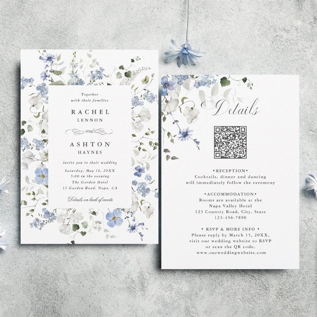 Blå Vit Grön Blommig Allt-i-ett Bröllop  Inbjudningar (Front & Back)