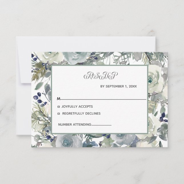 Blå Vit Grön Blommig Bröllops-RSVP-kort OSA Kort (Framsida)