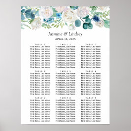 Blå Vit Grön Blommig Bröllopsställningsdiagram Poster